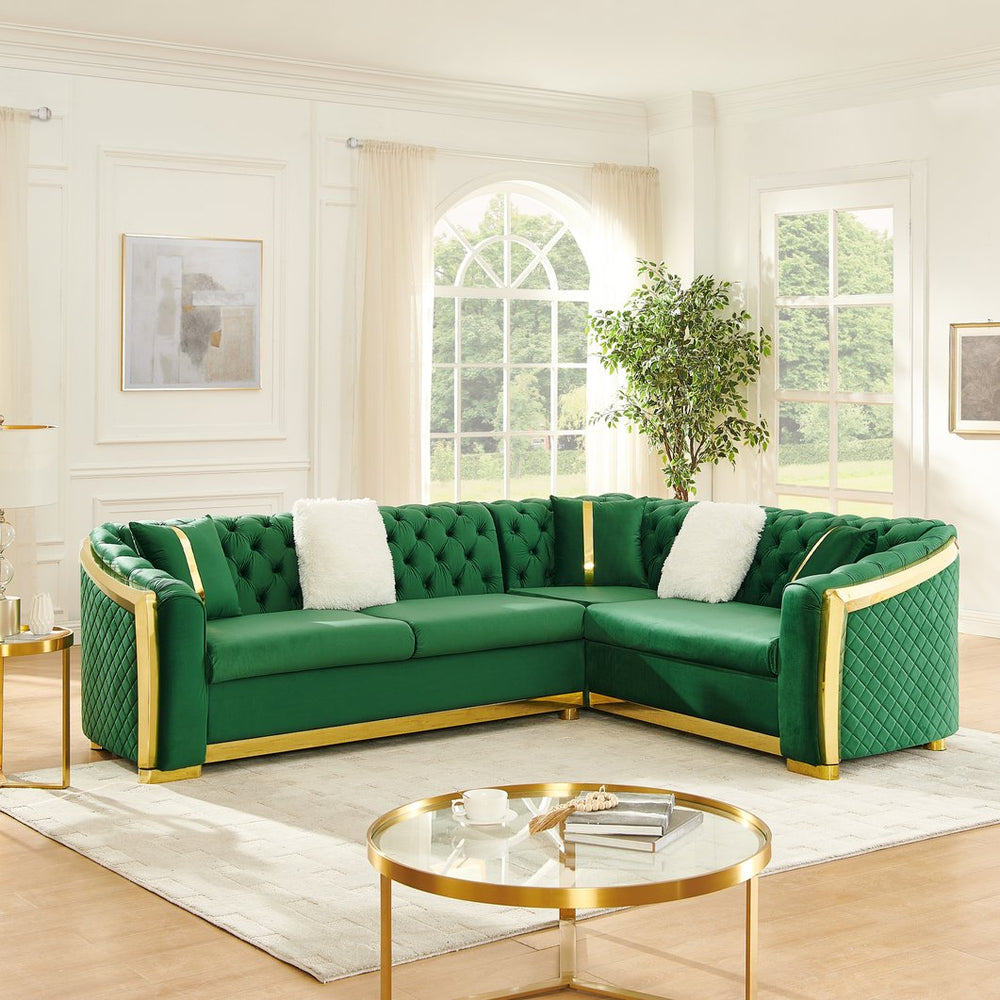 English Elm 106 Inch Velvet Tufted Chesterfield Sectional with Gold Steel Legs for Large Living Rooms Green W1191S00127