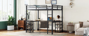 English Elm Full Metal Loft Bed With Vintage Wood Desk & Shelves - Stylish Space-Saving Solution For Bedrooms W1580S00040