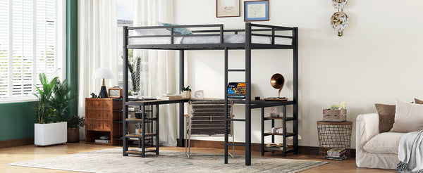 English Elm Full Metal Loft Bed With Vintage Wood Desk & Shelves - Stylish Space-Saving Solution For Bedrooms W1580S00040
