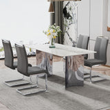 Hearth and Haven Modern Minimalist Dining Table. Imitation Marble Glass Sticker Desktop, Stainless Steel Legs, Stable and Beautiful. 4 Premium Leatherette Seats. 63 Inches x 35.4 Inches x 29.5 Inches Dt-69 C-1162 W1151S00837 W1151S00837