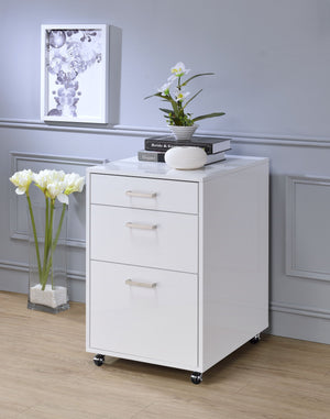 English Elm Coleen White High-Gloss 3-Drawer File Cabinet with Chrome Accents, Casters & Spacious Bottom Drawer B2726P277142