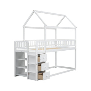 English Elm Twin/twin House Bunk Bed Solid Pine Playhouse Frame with Storage Drawers Shelves White W697S00032