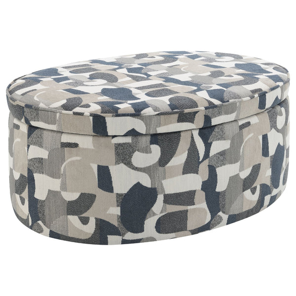 English Elm St. Helena Indigo Blue Oval Upholstered Storage Ottoman with Removable Padded Top and Patterned Fabric Elegance B062P299867