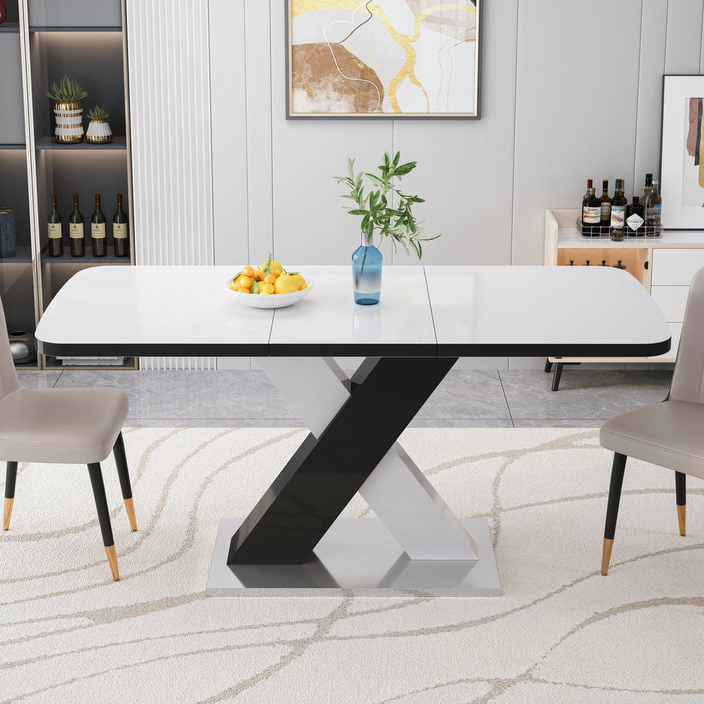 English Elm Modern Stretchable Rectangle Dining Table With Elegant White Top And Stylish X-Shape Black Legs W757P242760