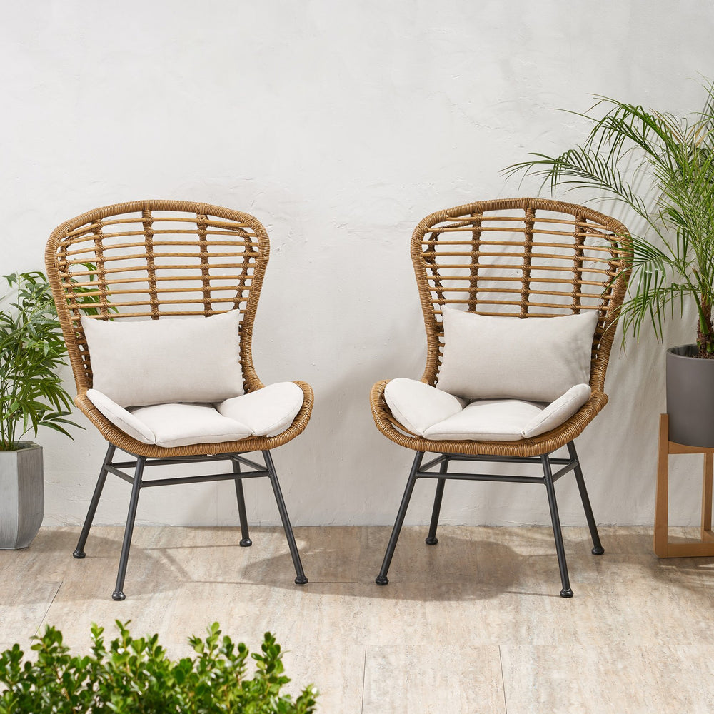 English Elm Christopher Knight Home® - Frazer Woven Rattan Patio Chairs Set of 2 with Water-Resistant Cushions and Durable Iron Frame Beige+Brown 65489.00LBRN