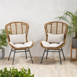 English Elm Christopher Knight Home® - Frazer Woven Rattan Patio Chairs Set of 2 with Water-Resistant Cushions and Durable Iron Frame Beige+Brown 65489.00LBRN