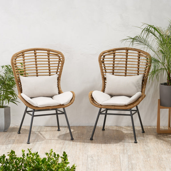 English Elm Christopher Knight Home® - Frazer Woven Rattan Patio Chairs Set of 2 with Water-Resistant Cushions and Durable Iron Frame Beige+Brown 65489.00LBRN