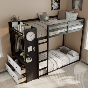 English Elm Twin Bunk Bed with Storage Drawers Hanging Rail Led Shelves and Pegboard Organizer Black LT000282AAB