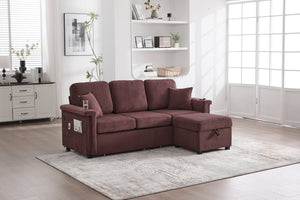 English Elm UNITED Corduroy L-Shaped Sectional Sofa with Storage Ottoman, USB Ports, Cup Holders & LED Lighting WINE RED W1568P332410