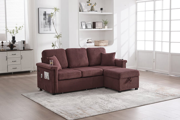 English Elm UNITED Corduroy L-Shaped Sectional Sofa with Storage Ottoman, USB Ports, Cup Holders & LED Lighting WINE RED W1568P332410