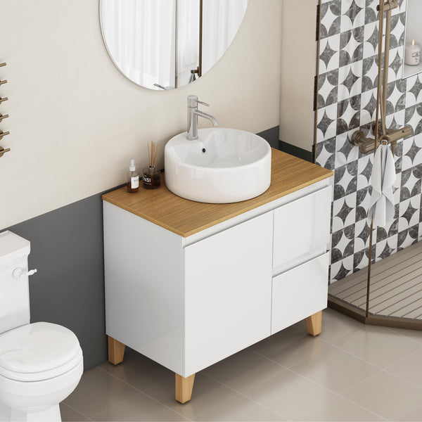 English Elm 31.5-inch Bathroom Vanity Solid Wood Top Ceramic Basin Soft Close Glossy White W3151S00069