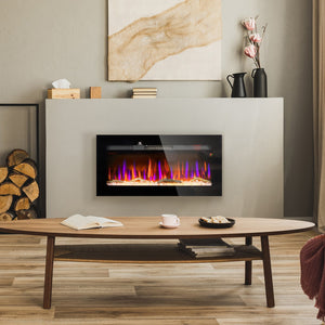 English Elm HOMCOM 36" Electric Fireplace Heater with Remote, 1500W Wall/Recessed Mount, Realistic Flames Black W2225P249833