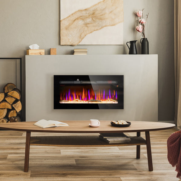 English Elm HOMCOM 36" Electric Fireplace Heater with Remote, 1500W Wall/Recessed Mount, Realistic Flames Black W2225P249833