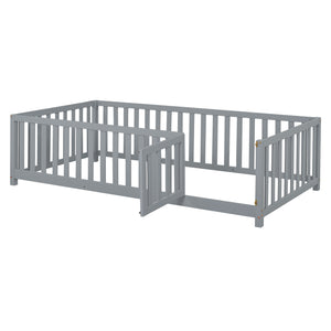 English Elm Twin Pinewood Daybed with Fence Guardrails Splits Into Two Floor Beds Storage Gray LP100881AAE