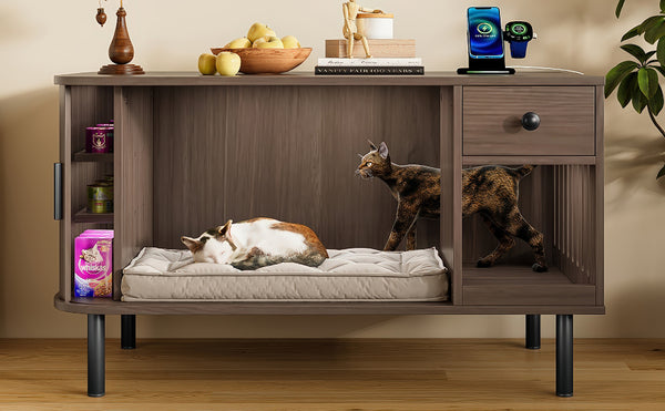 English Elm 37.4" Mdf Cat Litter Enclosure with Tambour Door Walnut Finish and Charging Station N704P380550D