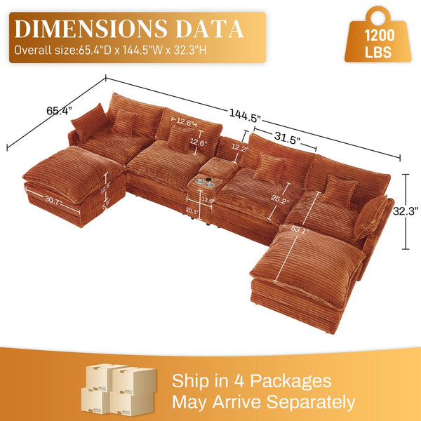 English Elm 148-inch U-shaped Wool Sectional Set with Console Coffee Table and Pillows Orange W2564S00098