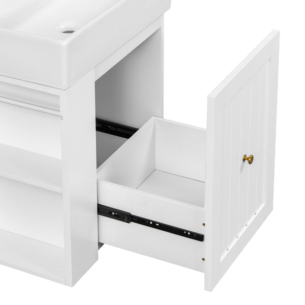 English Elm 20-Inch Compact Bathroom Vanity with Ceramic Sink, Wall-Mounted MDF Cabinet, Modern Space-Saver Design White N725P314023K