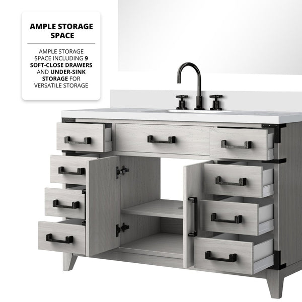 English Elm White Oak Single Bath Vanity Set With White Quartz Top, Chrome Faucet & 46" Mirror For Easy Upgrade B2731S02018-GIGA