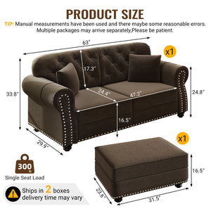 English Elm 63"upholstered Velvet Loveseat with Button Tufting Brass Nailhead Trim Mid-century Chesterfield Brown W1885S00377