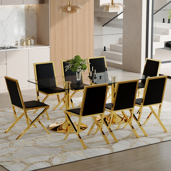 English Elm Table and 8 Chair Dining Set Tempered Glass Top with Gold Metal Framed Pu Seating Black+Gold,Transparent W1151S04771