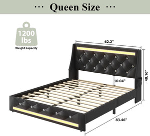 English Elm Queen Platform Bed Wingback Diamond Quilted Headboard Led Lighting Storage Drawers Black W5722P462392