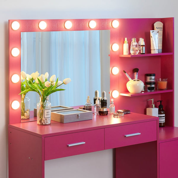 English Elm Vanity Desk with Lighted Mirror Adjustable Brightness and 2 Drawer Mdf Bedroom Table W2386P475280