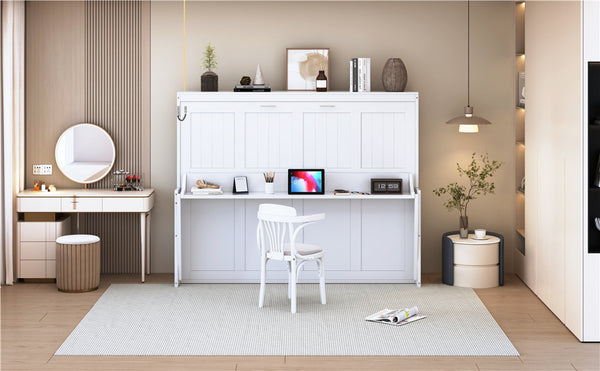 English Elm Full Size Murphy Bed With Hydraulic Lift & Integrated Desk - Space-Saving, Stylish Design In White N820S10032K