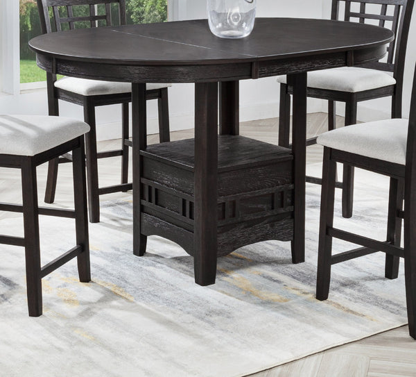 English Elm 1pc Counter Height Extendable Dining Table with 18" Leaf, Fixed Shelf Pedestal, Two-Tone Wood Finish Charcoal Black 45 L x 45 W x 8.5 H B011P373707