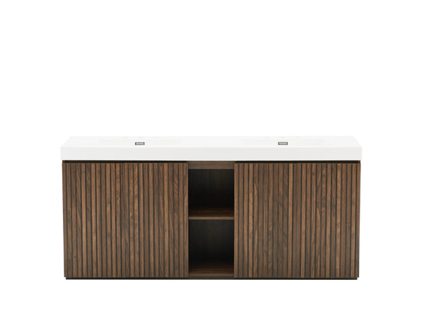 English Elm Galan 72 Inch Double Sink Vanity Fluted Wood Quartz Top Freestanding Bathroom Cabinet Walnut Brown W1865S00228