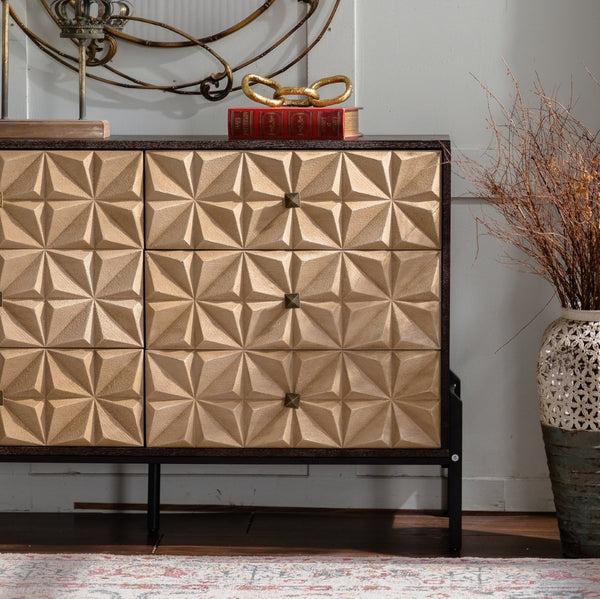 English Elm Solid Wood Sideboard With Geometric Design - 6 Drawer Mid Century Modern Storage Cabinet For Home Decor W3158P351692-GIGA