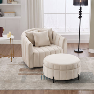 English Elm 40.35"W Oversized 360° Swivel Barrel Chair & Ottoman Set - Velvet Pumpkin Club Chair With 3 Pillows W3118S00009