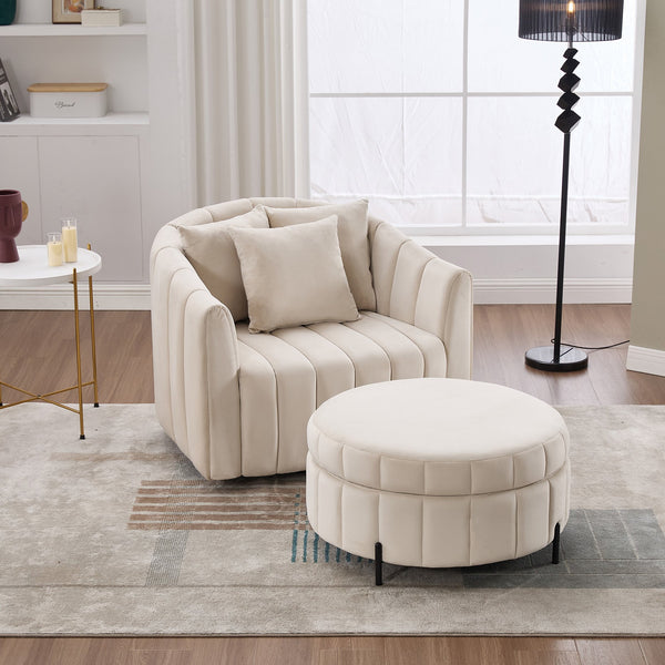 English Elm 40.35"W Oversized 360° Swivel Barrel Chair & Ottoman Set - Velvet Pumpkin Club Chair With 3 Pillows W3118S00009