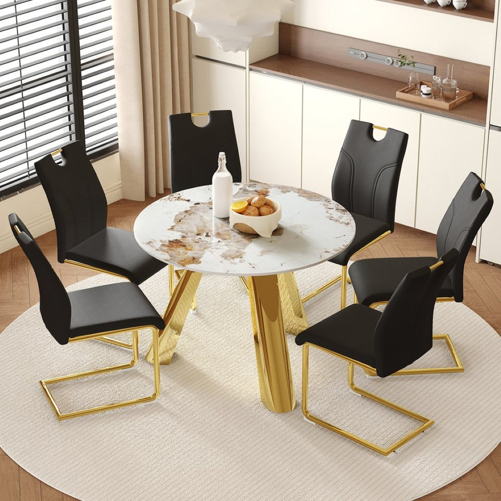 English Elm Table 42-Inch White Imitation Marble Dining Set With 6 Elegant Black Chairs & Gold Metal Legs W2920S00052-GIGA