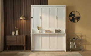 English Elm Queen Murphy Wall Bed with Integrated Desk Gas Strut Lift White Cabinet for Small Spaces W504S00282