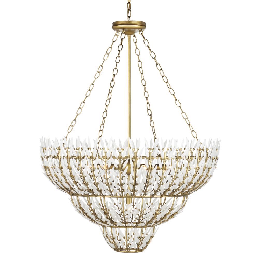 Magnum Opus Chandelier: Elegant Three-Tier Brass Fixture with Stunning White Glass Leaves Design