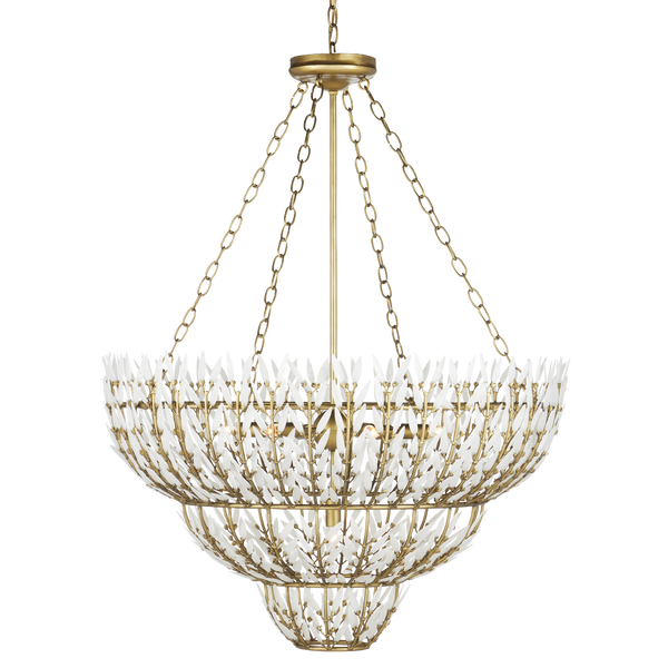 Magnum Opus Chandelier: Elegant Three-Tier Brass Fixture with Stunning White Glass Leaves Design