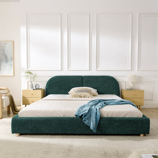 English Elm Queen Upholstered Bed with Tall Curved Headboard Soft Textured Fabric Modern Bedroom Green W487S00482