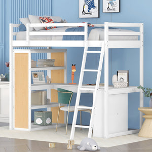 English Elm Twin Loft Bed with Built-in Desk Shelves and Drawer White Pine Study Zone LT100225AAK-1