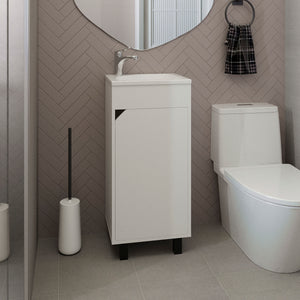 English Elm Bethel Narrow 15.7" One-Door Freestanding Vanity with Resin Sink, White MDF, Space-Saving Bathroom Storage B200P335371
