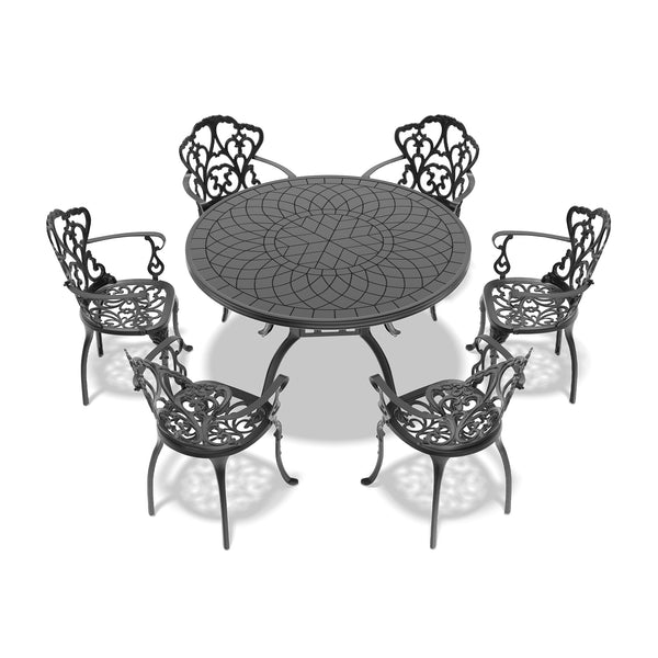 English Elm 7-Piece Elegant Cast Aluminum Patio Furniture Set With Off-White Cushions For Outdoor Dining Spaces W1710S00398