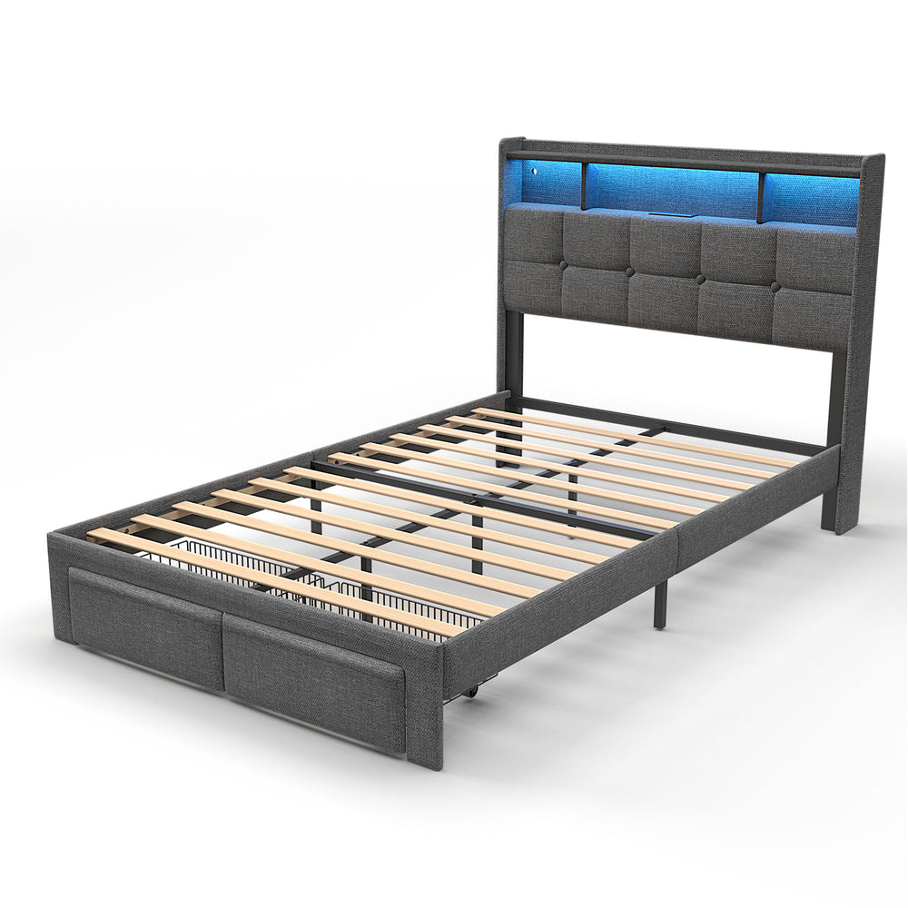 English Elm Full Linen Upholstered Bed with LED Lights, 20W Fast Charging, 2 Drawers & Memory Foam Headboard - Dark Gray W1550P190361