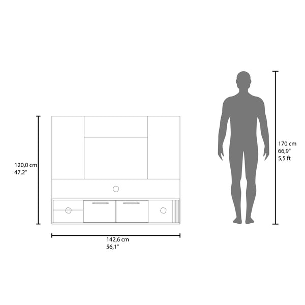 English Elm Vance 56" Floating Entertainment Center in Natural Oak White – Modern TV Stand with Cabinets, Cable Management, Shelving and Easy Assembly B200P286965