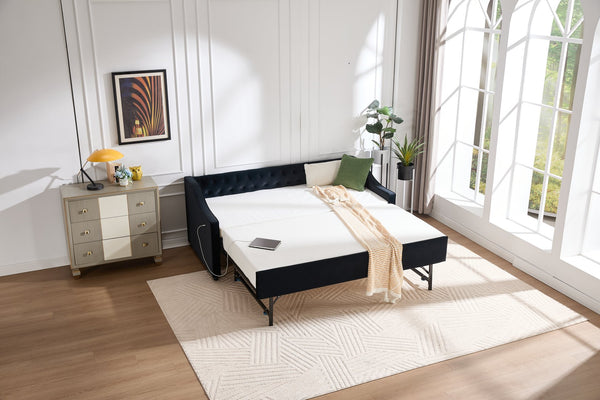 English Elm Twin Velvet Daybed with Pull Out Trundle Tufted Back Usb Port and Side Pockets Black W1361S00039