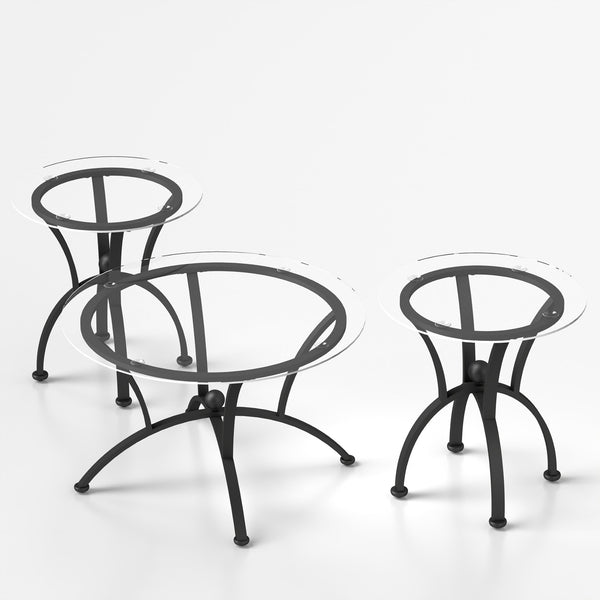 English Elm 3 Piece Tempered Glass Coffee Table Set – Rustic Black End Tables For Stylish Living Room Décor W2167P221147