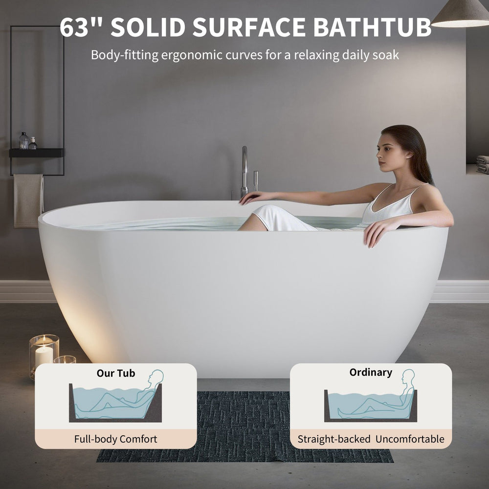 English Elm 63" Stone Resin Freestanding Soaking Tub Matte Sculpted Surface for Spa Bathroom W1920P412393
