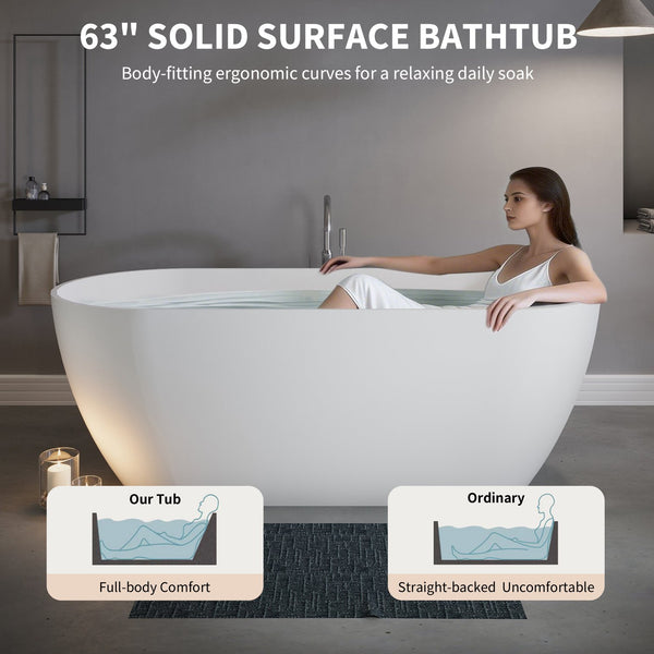 English Elm 63" Stone Resin Freestanding Soaking Tub Matte Sculpted Surface for Spa Bathroom W1920P412393