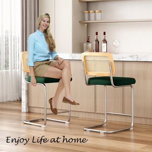 English Elm Farini Velvet Counter Height Bar Stools Set of 2 with Rattan Back, Cantilever Comfort & Floor Protectors Dark Green T3623P354964