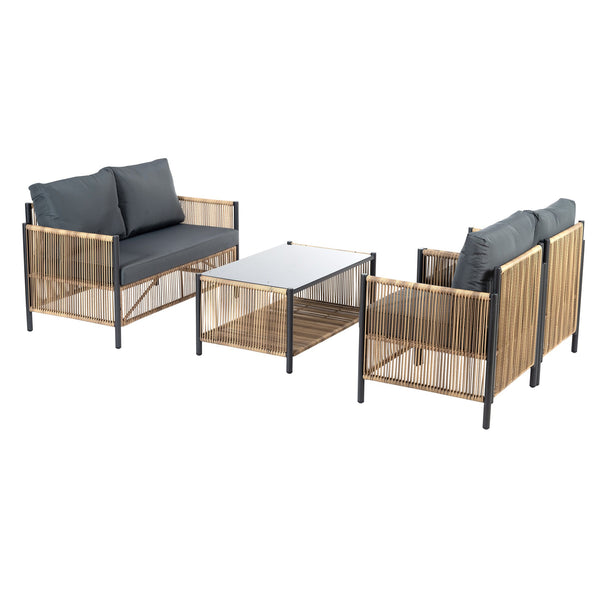 English Elm New Elegant 4-Piece Patio Sofa Set With Grey Cushions, Durable Pe Wicker, Tempered Glass Table W400S00047