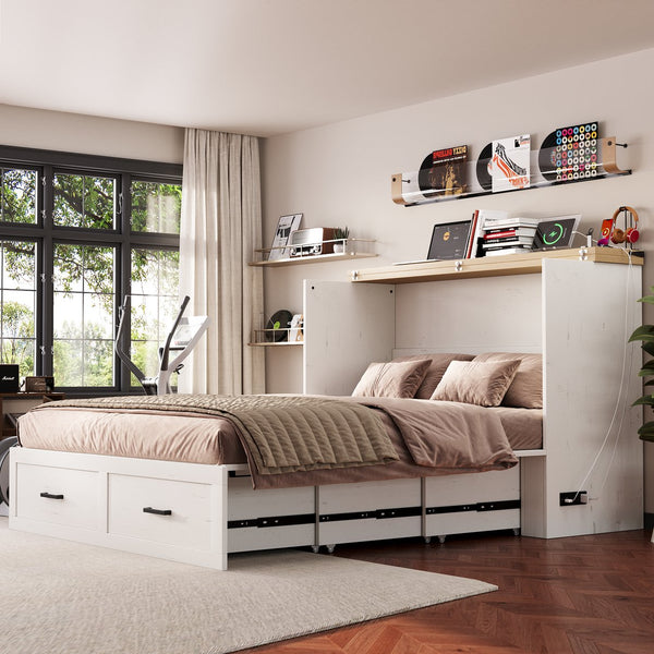 English Elm Queen Murphy Cabinet Bed Rustic Grey Farmhouse Style with Charging Station Storage W5271S00002