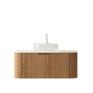 English Elm Dina Floating Bathroom Vanity Sintered Stone Top Glass Basin Striped Plywood Cabinet W2615S00351
